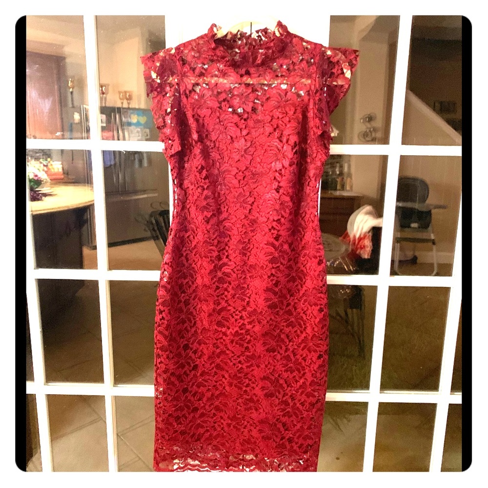 Burgundy High Collar Mesh Cocktail Dress